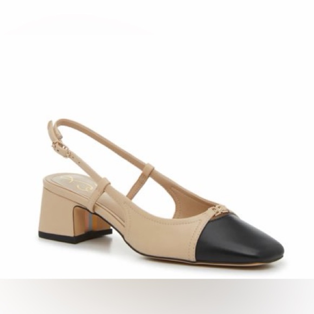 Sam Edelman Tarra Slingback Pumps 8 Beige Black Cap Toe Block Heel Classic